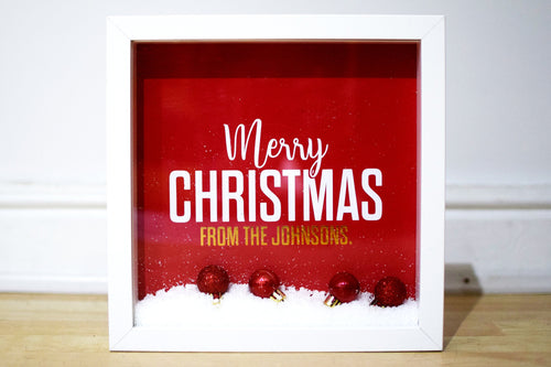 Personalised Merry Christmas Frame XMAS With Snow Baubles and Family Name - Haya Clothing